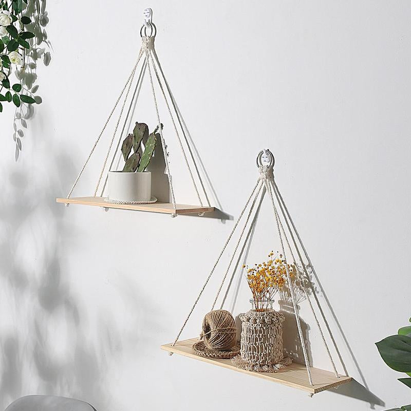 Set of 2 Boho Wooden Hanging Shelves – Floating Wall Decor for a Cozy Home