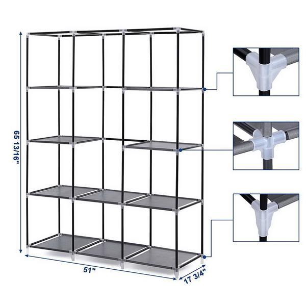 Portable Fabric Wardrobe – 4 Layers, 10 Grids Storage Closet in Gray