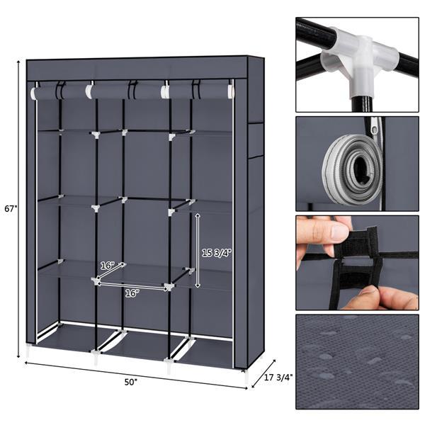 Portable Fabric Wardrobe – 4 Layers, 10 Grids Storage Closet in Gray