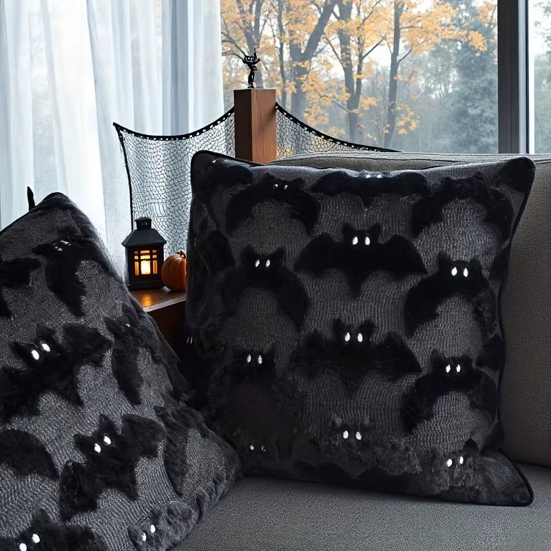 3D Black Bat Plush Throw Pillow Cover - Gothic Halloween Decorative Cushion Cover (Pillow Core Not Included)