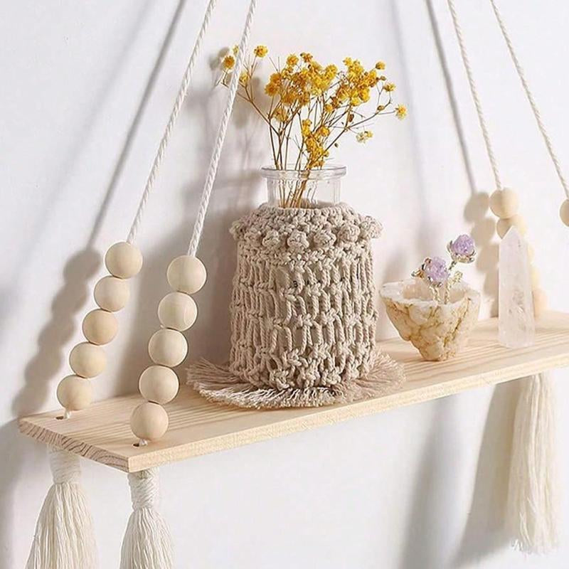 Set of 2 Boho Wooden Hanging Shelves – Floating Wall Decor for a Cozy Home