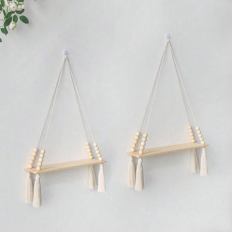 Set of 2 Boho Wooden Hanging Shelves – Floating Wall Decor for a Cozy Home
