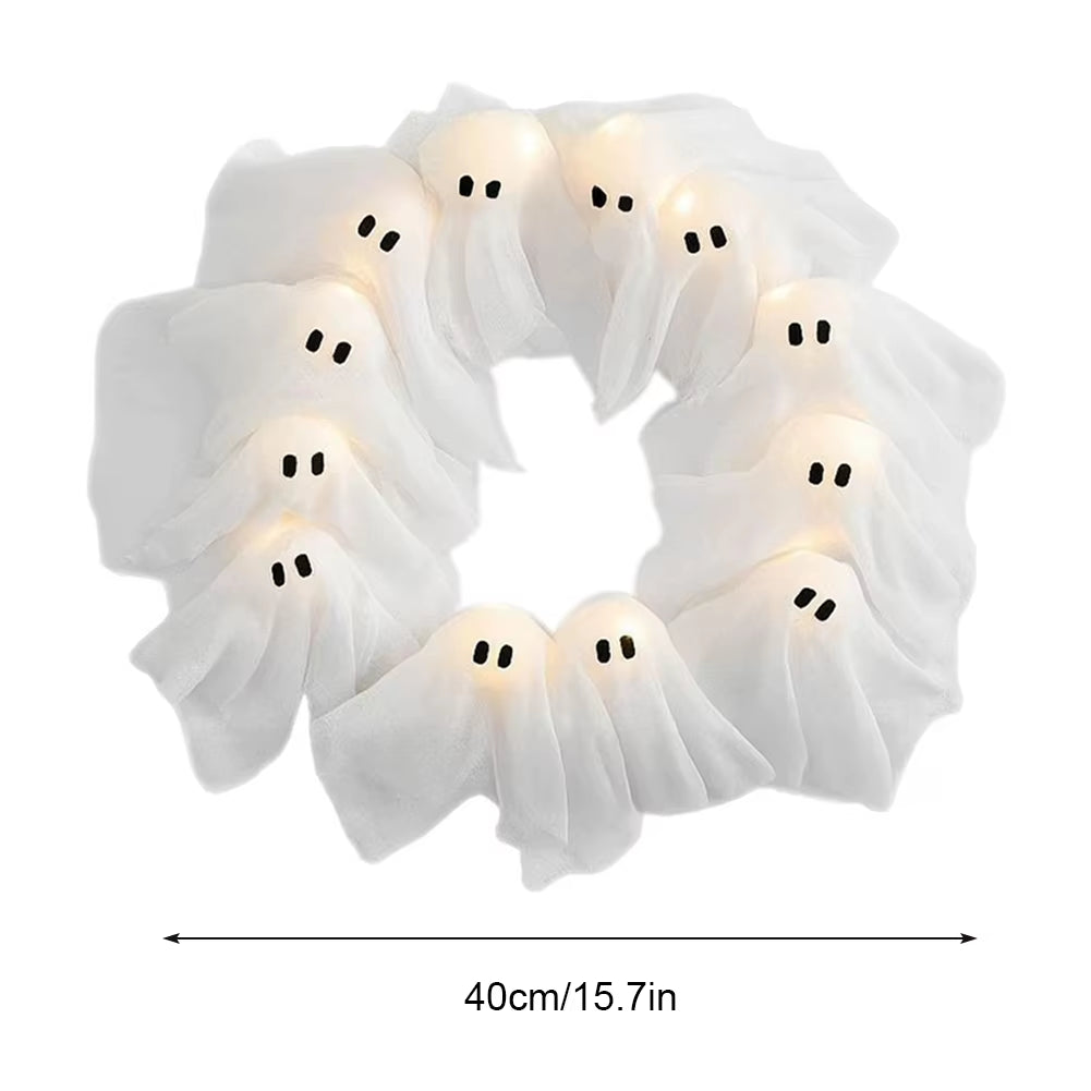 LED Illuminated Halloween Ghost Wreath - Outdoor Wall Decoration and Front Door Hanging Decor