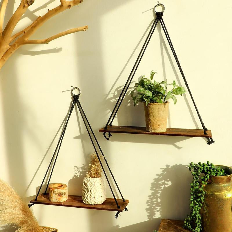 Set of 2 Boho Wooden Hanging Shelves – Floating Wall Decor for a Cozy Home