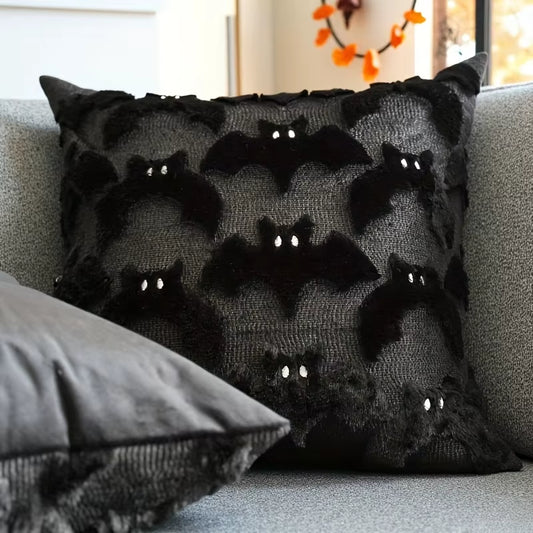 3D Black Bat Plush Throw Pillow Cover - Gothic Halloween Decorative Cushion Cover (Pillow Core Not Included)