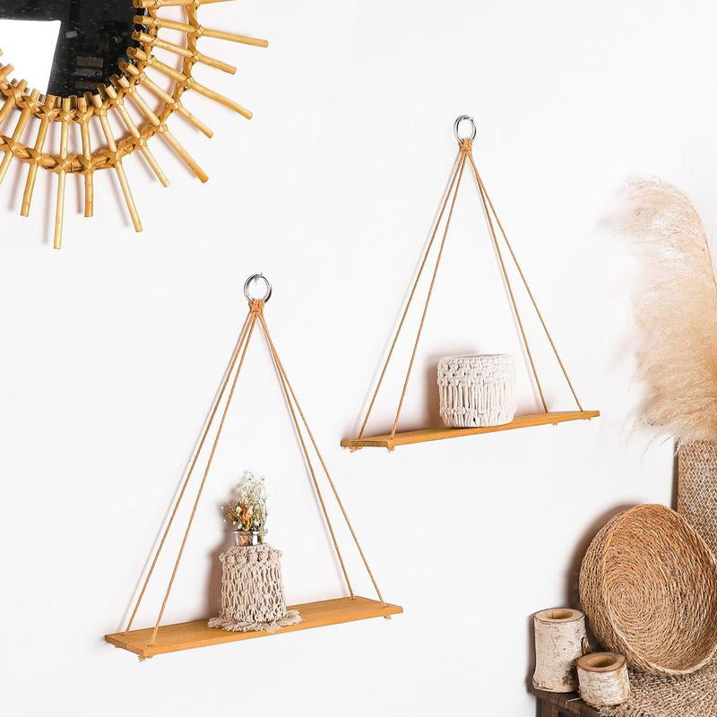 Set of 2 Boho Wooden Hanging Shelves – Floating Wall Decor for a Cozy Home