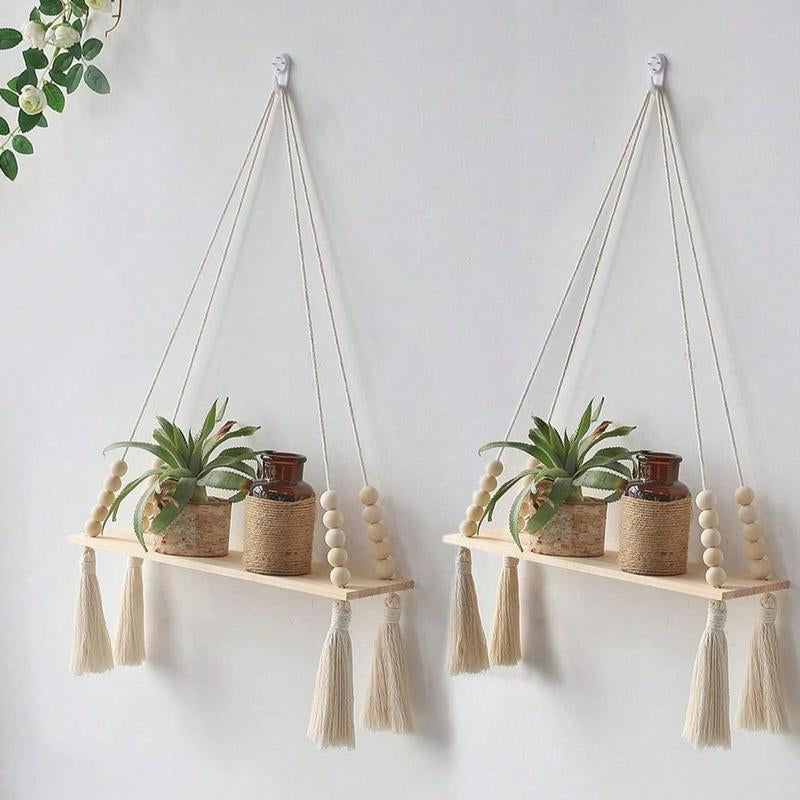 Set of 2 Boho Wooden Hanging Shelves – Floating Wall Decor for a Cozy Home