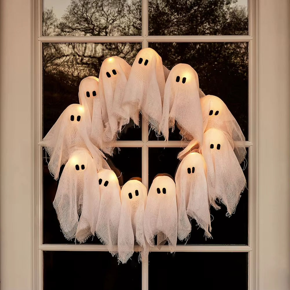 LED Illuminated Halloween Ghost Wreath - Outdoor Wall Decoration and Front Door Hanging Decor