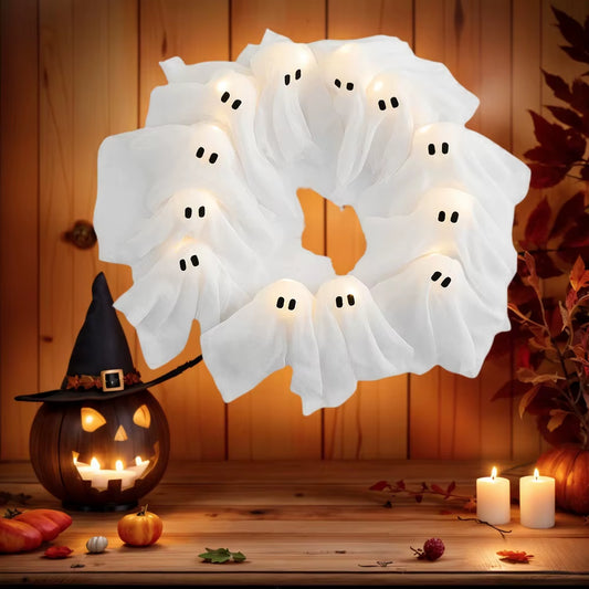 LED Illuminated Halloween Ghost Wreath - Outdoor Wall Decoration and Front Door Hanging Decor