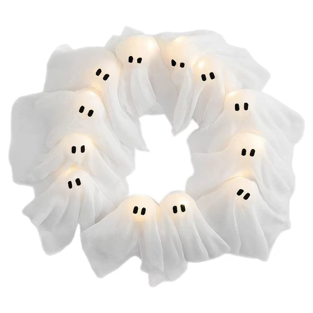 LED Illuminated Halloween Ghost Wreath - Outdoor Wall Decoration and Front Door Hanging Decor