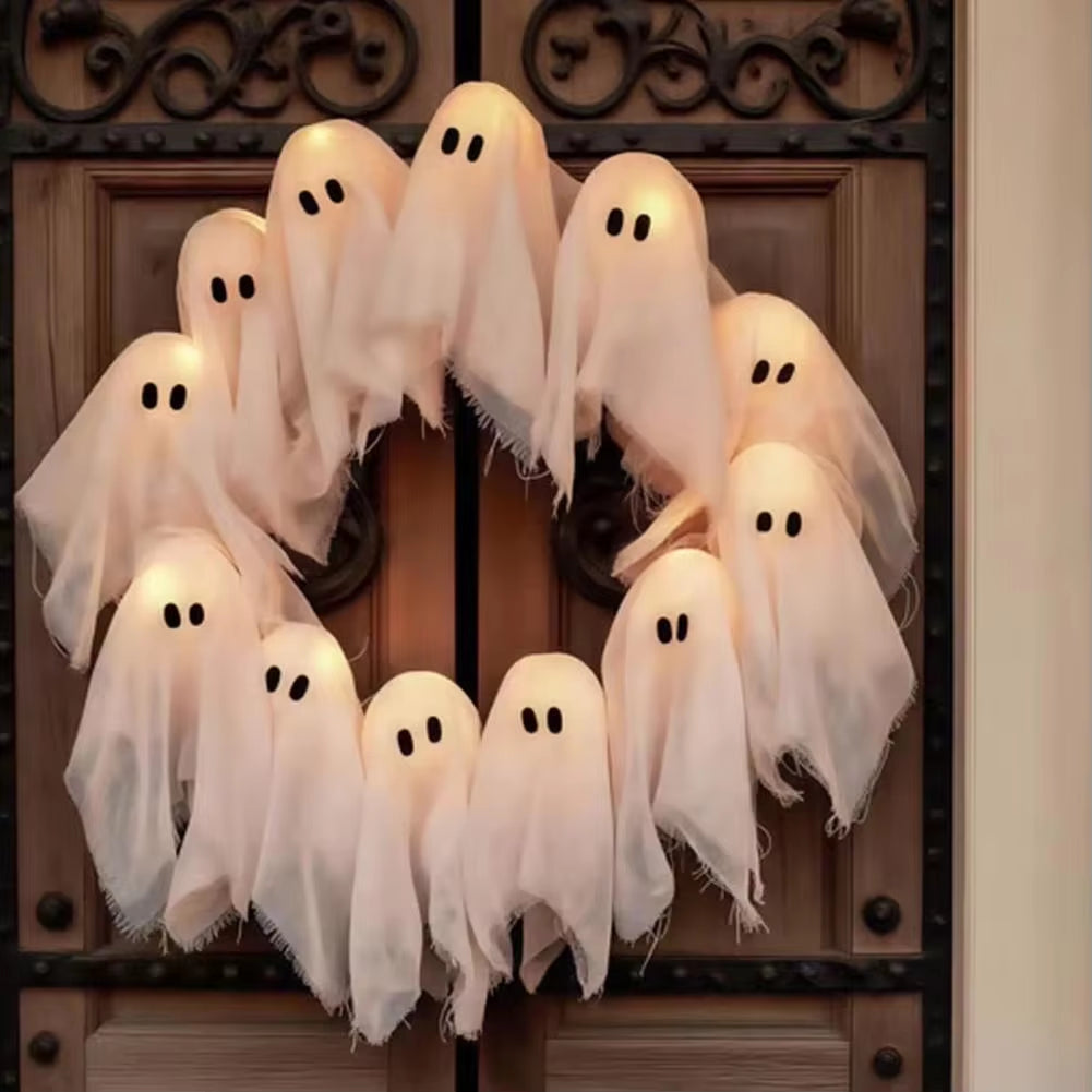 LED Illuminated Halloween Ghost Wreath - Outdoor Wall Decoration and Front Door Hanging Decor