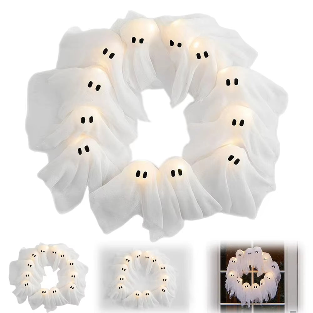 LED Illuminated Halloween Ghost Wreath - Outdoor Wall Decoration and Front Door Hanging Decor