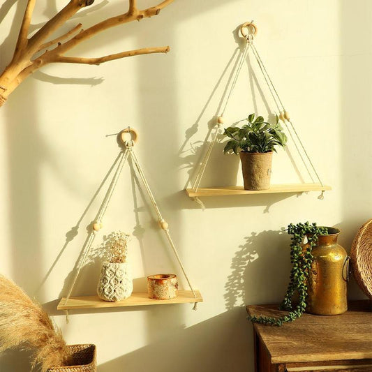 Set of 2 Boho Wooden Hanging Shelves – Floating Wall Decor for a Cozy Home